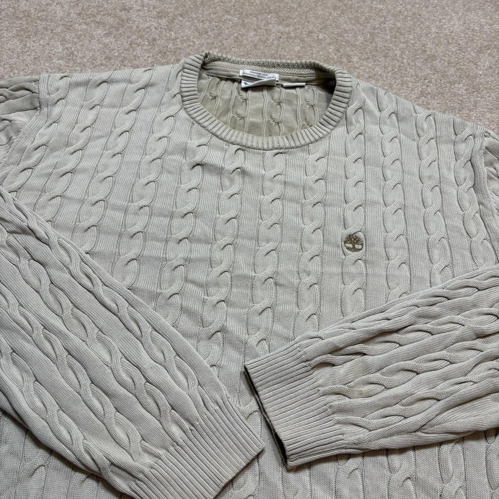 Timberland Sweater Mens 2XL Beige Cable Knit‎ Organic Cotton Crewneck Pullover
